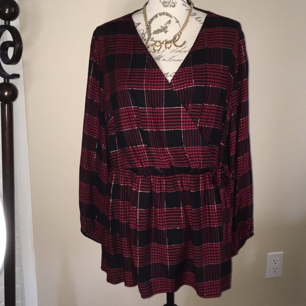 LANE BRYANT RAYON CROSS OVER PLAID BLOUSE